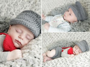 Petit garçon face un bonnet et une culotte gris posé sur une couverture