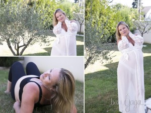 Femme enceinte avec une robe blanche dans son jardin